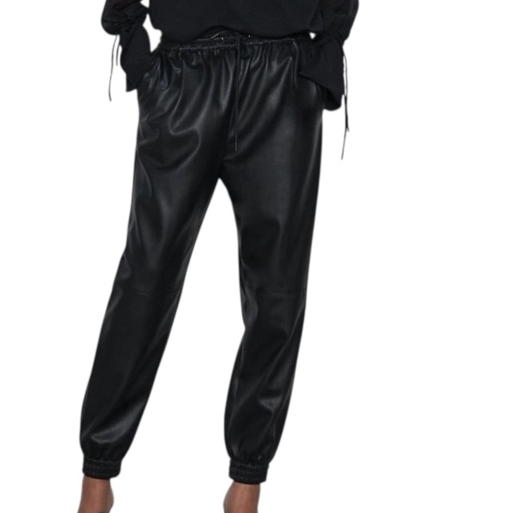 Zara Faux Leather Jogger Pants Black Vegan Leather Drawstring Hem S